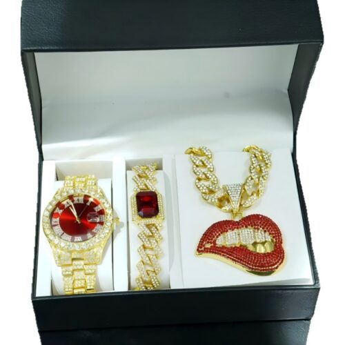 1040g3no31rhul3gfn40g5q05mg22nt18eeskrng Men's Hip - hop Jewelry Set: Water Ghost Roman Numeral Diamond Quartz Watch & Sexy Lip Pendant Chain