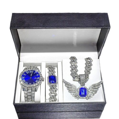 New Alloy Men's Hip-hop Set: Water Ghost Watch, 15mm Chain & Angel Wing Pendant Jewelry