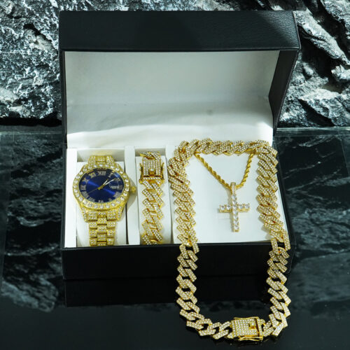 06 Hot - selling Men's Set: Quartz Watch, Diamond - shaped Cuban Bracelet & Cross Necklace