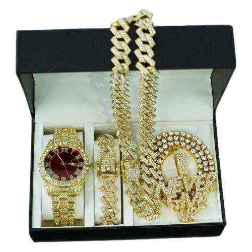 Luxury Men's Hip - hop Set: Full - diamond Letter Pendant Necklace, Cuban Chain & Tennis Watch